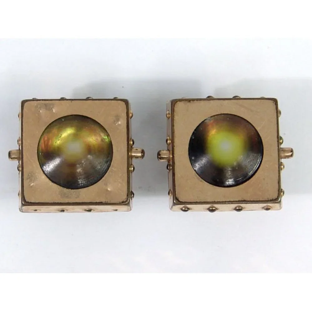 Vtg HA & Co Tiger's Cat Eye Swivel Snap Cufflinks Gold Plated Edwardian 1910s